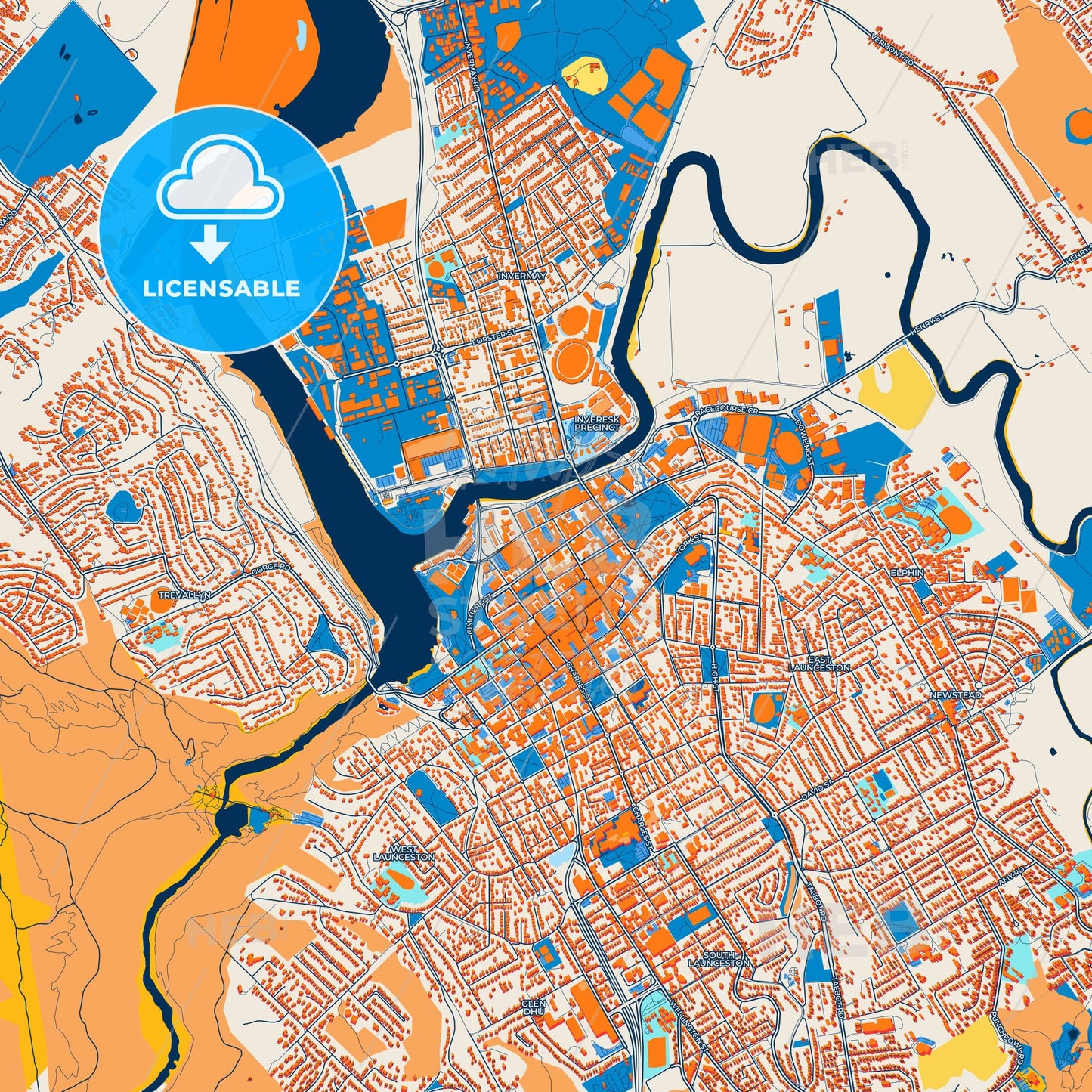 Colorful Launceston Street Map with Labels and Buildings