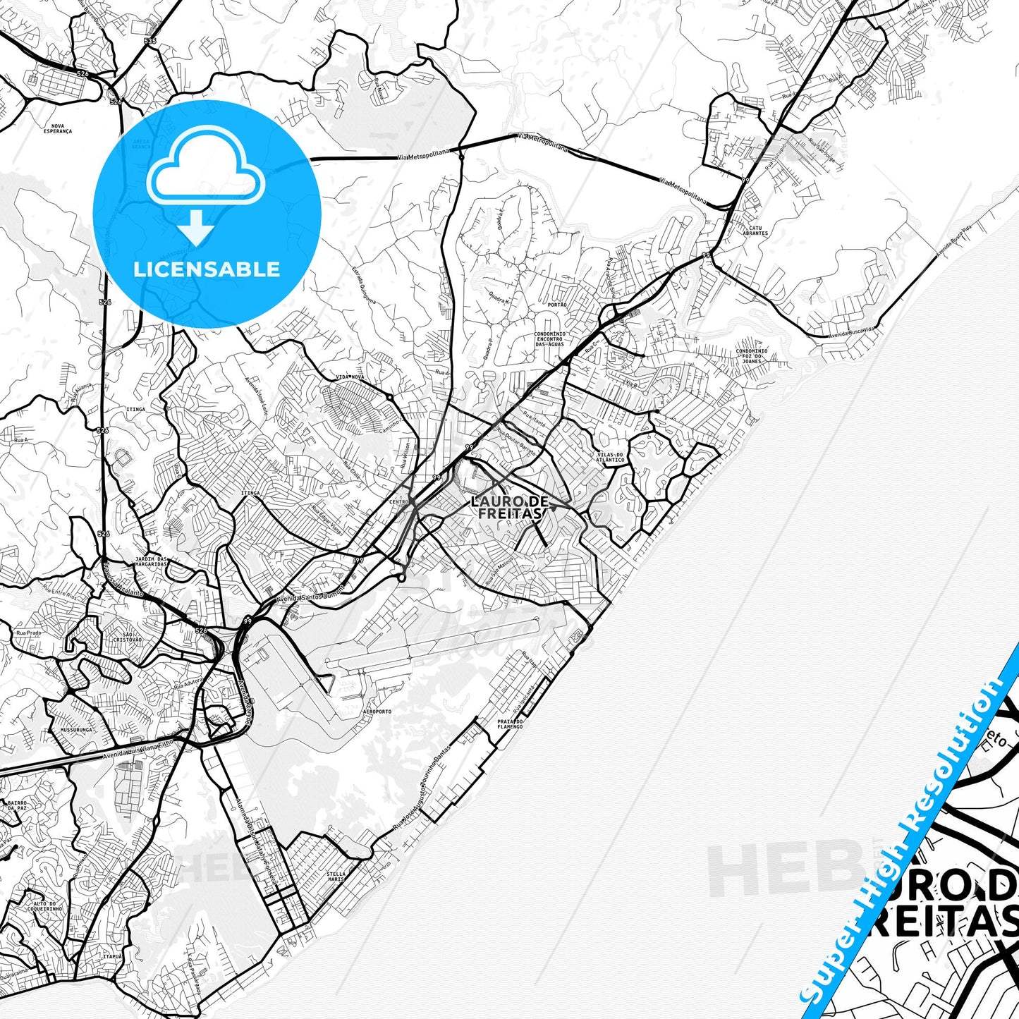 Lauro de Freitas, Brazil Light Map with Street Names, City Names, and Districts