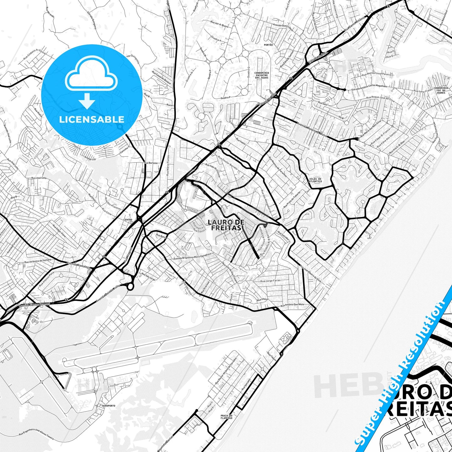 Lauro de Freitas, Brazil Light Map with Street Names, City Names, and Districts