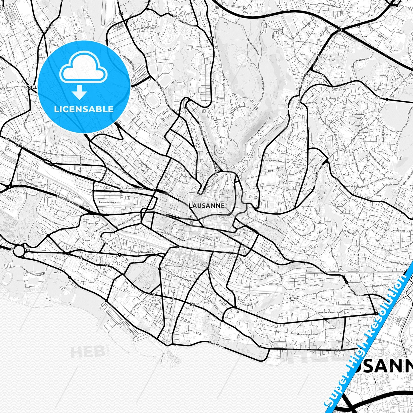 Lausanne, Switzerland Light Map with Street Names, City Names, and Districts