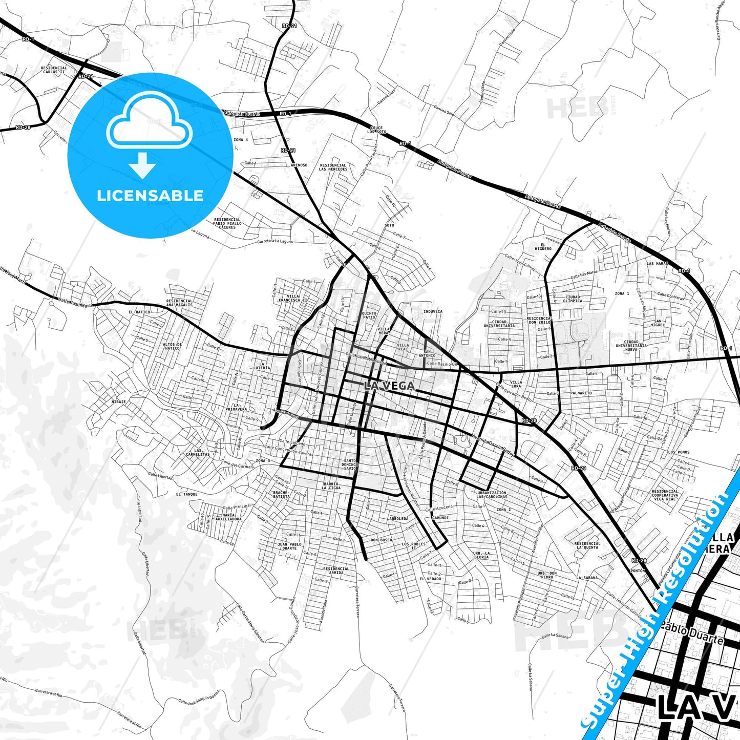 La Vega, Dominican Republic Light Map with Street Names, City Names, and Districts