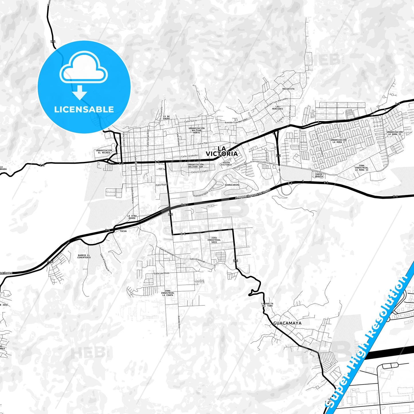 La Victoria, Venezuela Light Map with Street Names, City Names, and Districts