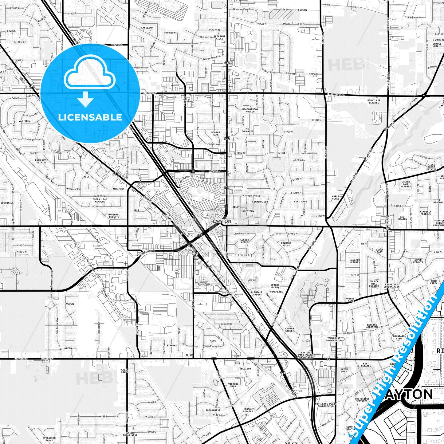 Layton, Utah Light Map with Street Names, City Names, and Districts