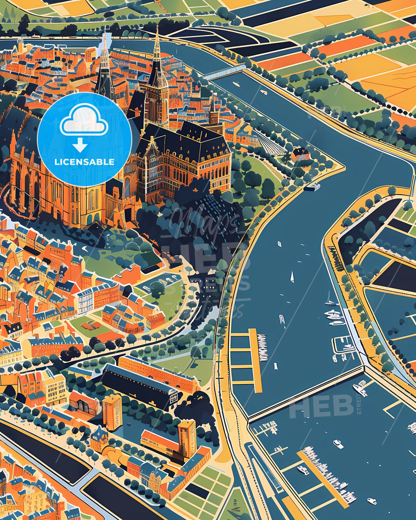 Havre City Map Painting Art Urban Colorful Building Architecture Historical Landmark