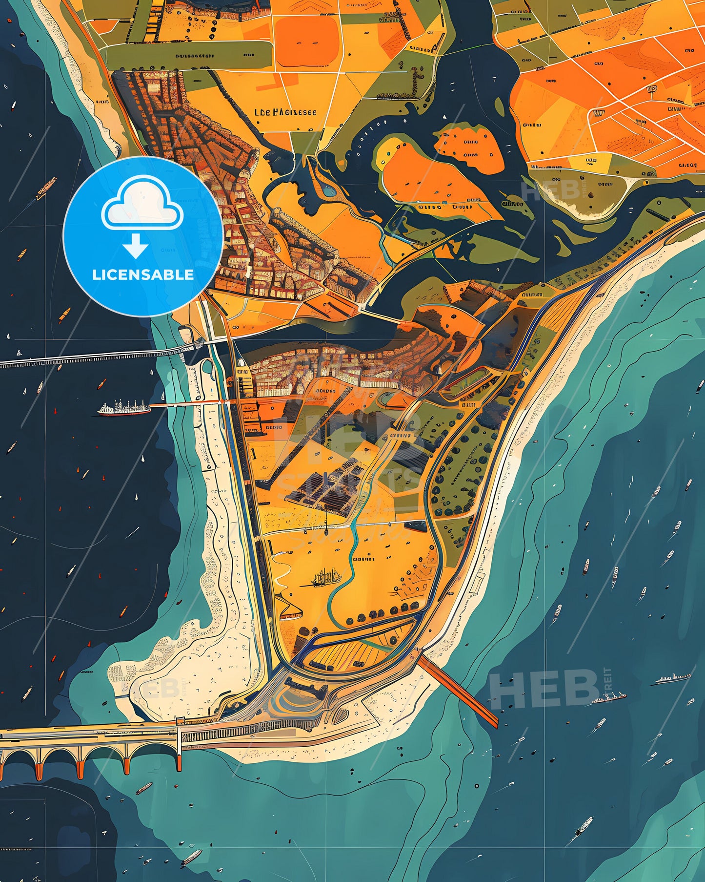 Colorful abstract city map artwork depicting the streets, neighborhoods, and landmarks of Havre