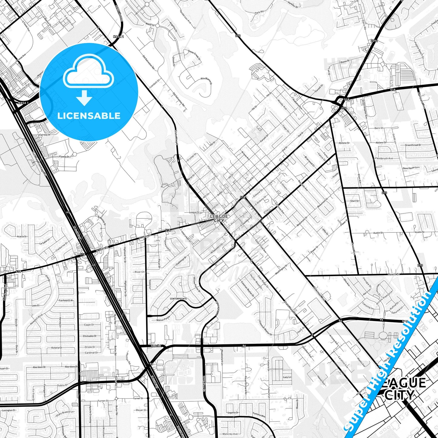 League City, Texas Light Map with Street Names, City Names, and Districts