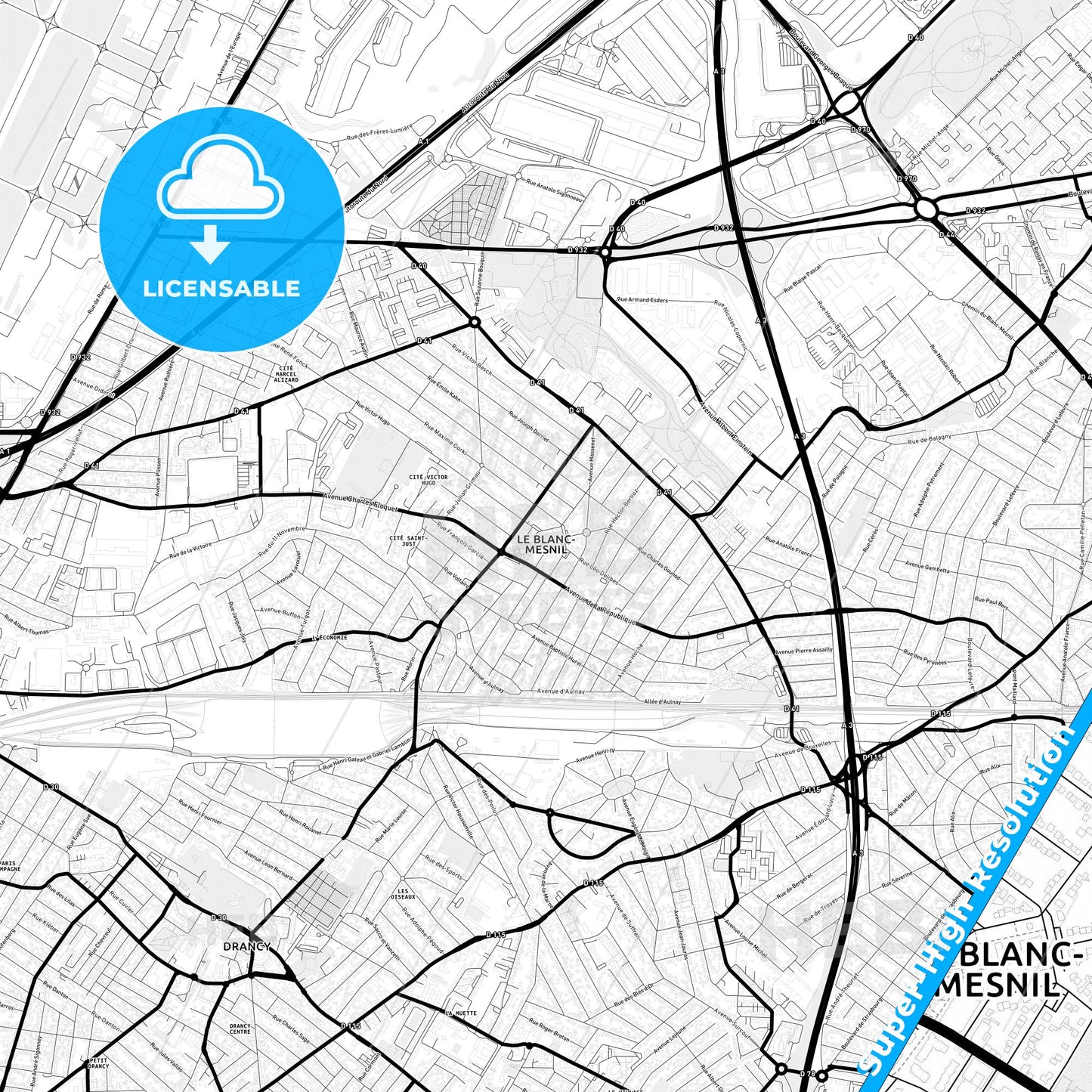 Le Blanc-Mesnil, France Light Map with Street Names, City Names, and Districts