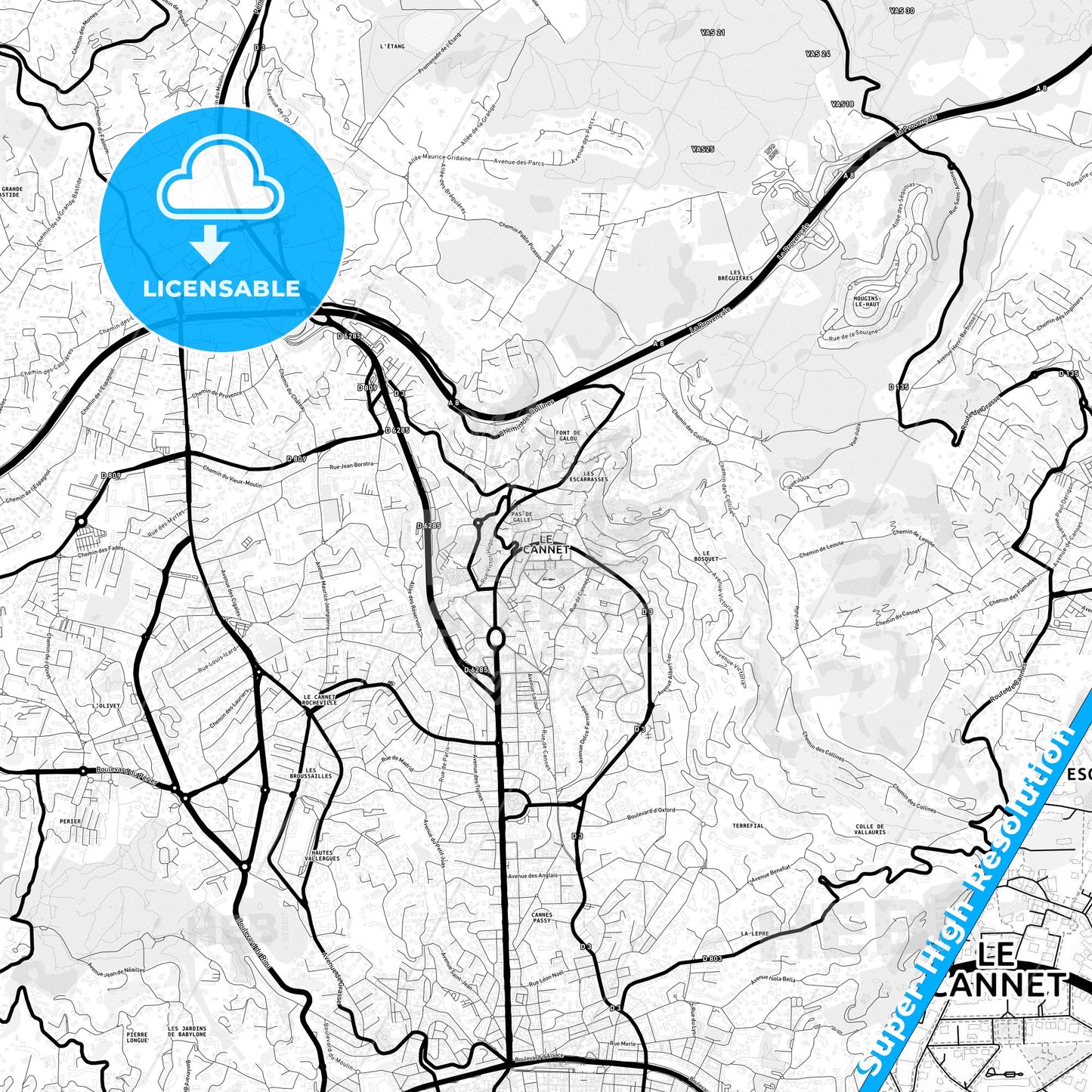 Le Cannet, France Light Map with Street Names, City Names, and Districts