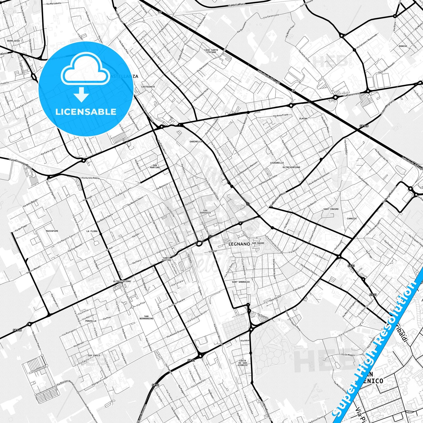 Legnano, Italy Light Map with Street Names, City Names, and Districts