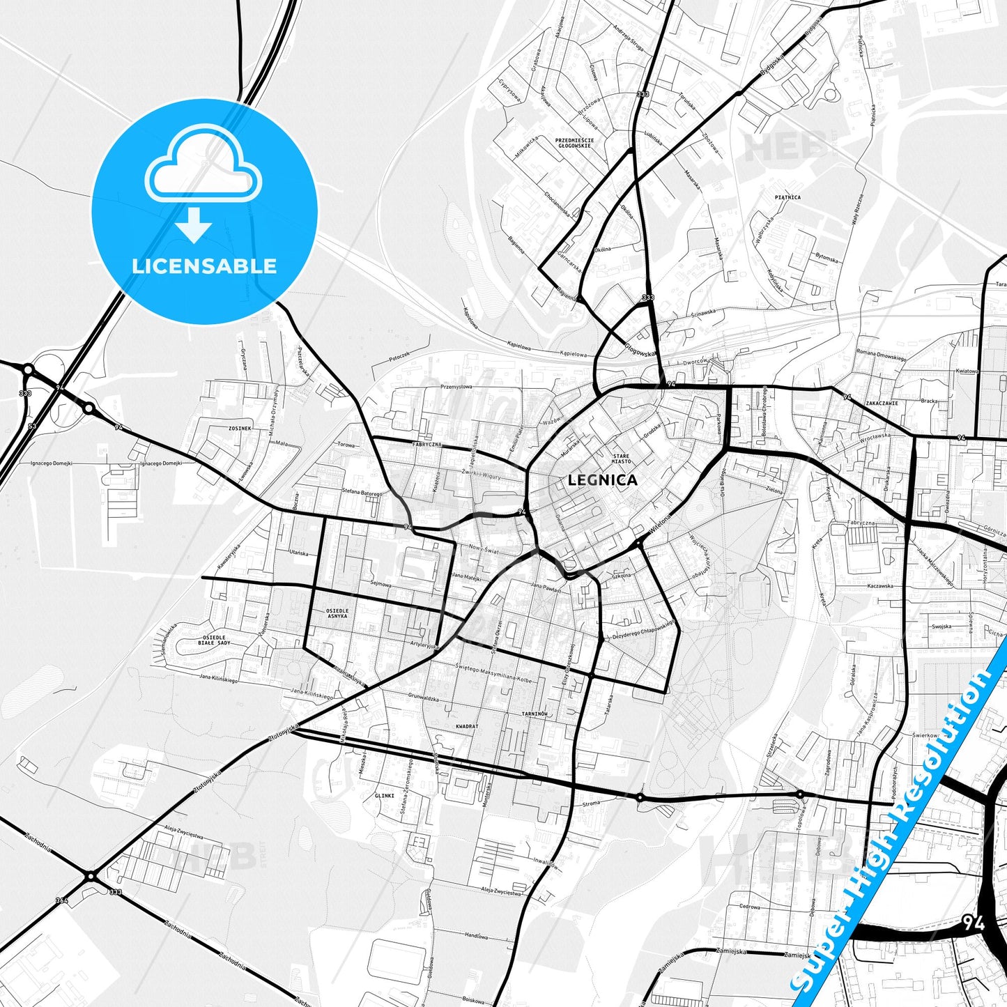 Legnica, Poland Light Map with Street Names, City Names, and Districts