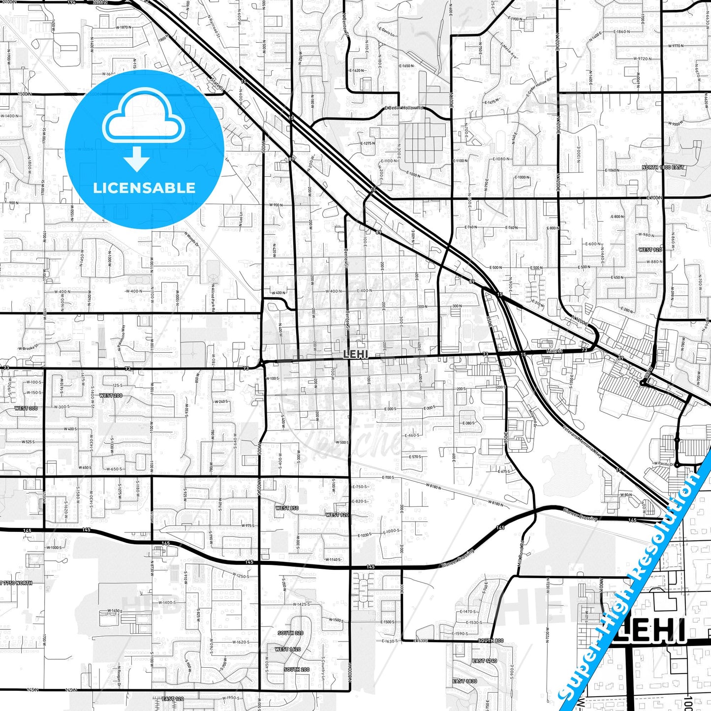 Lehi, Utah Light Map with Street Names, City Names, and Districts