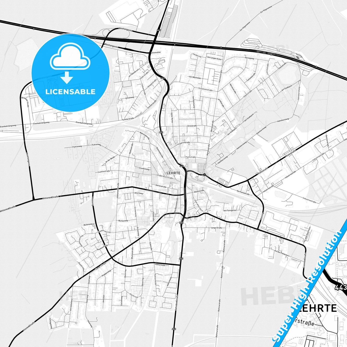 Lehrte, Germany Light Map with Street Names, City Names, and Districts