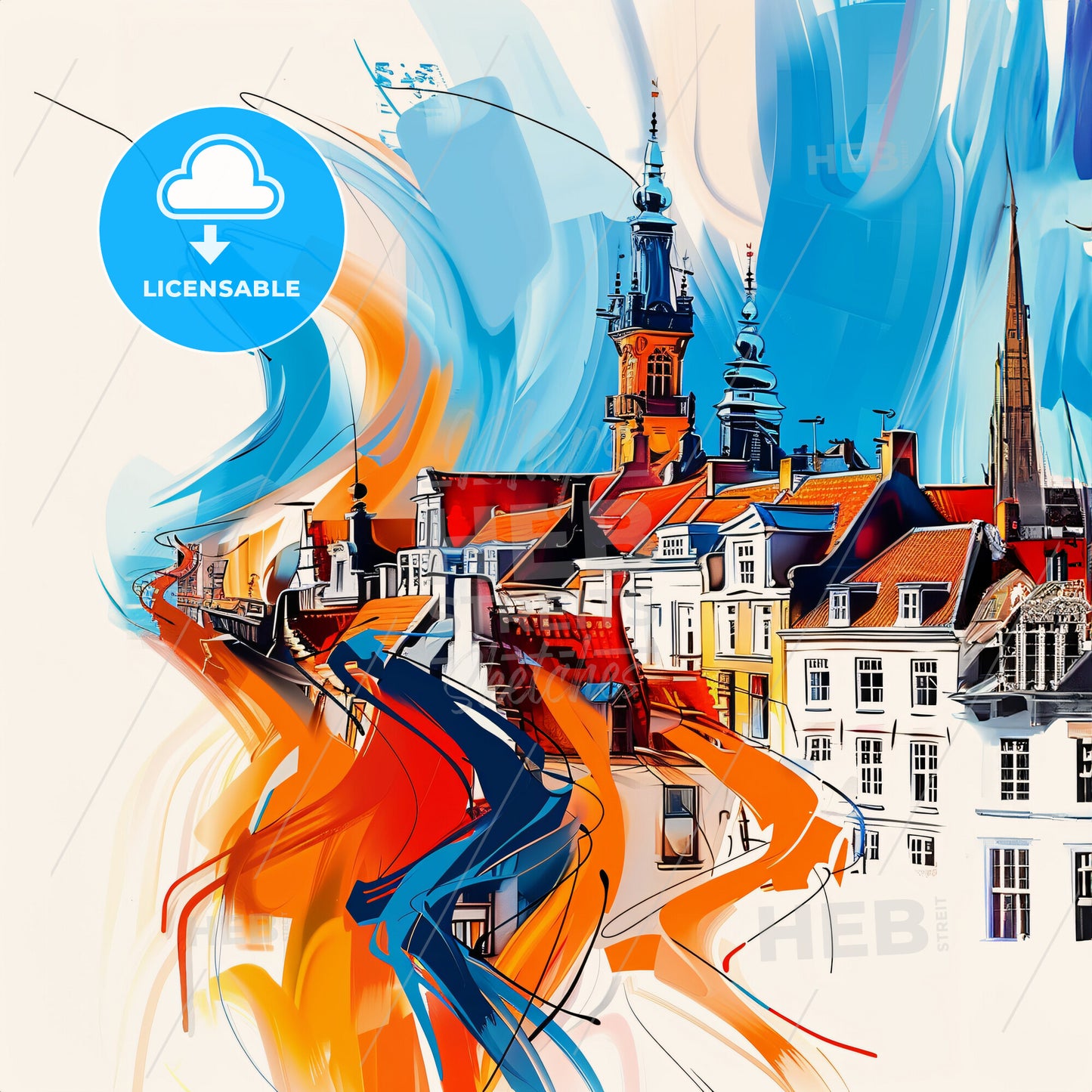 Vibrant Leiden, Netherlands - A Painting Of A Skyline With A Colorful Building