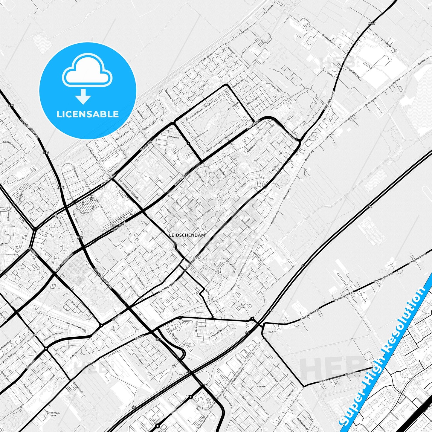 Leidschendam-Voorburg, Netherlands Light Map with Street Names, City Names, and Districts