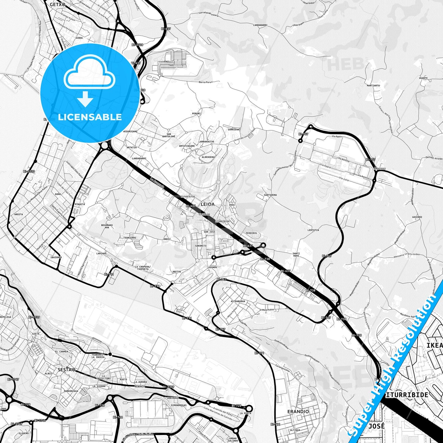 Leioa, Spain Light Map with Street Names, City Names, and Districts