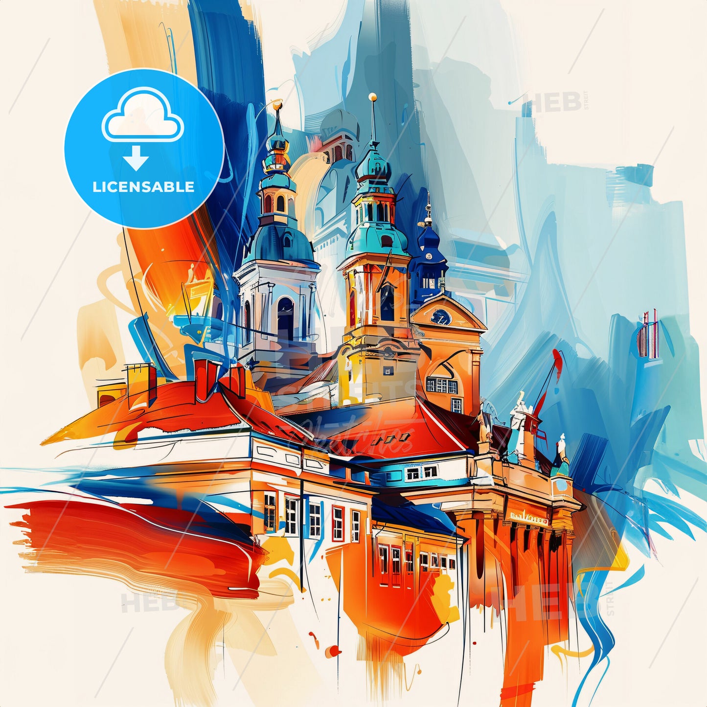 Vibrant Leipzig, Germany - A Painting Of A Building With Towers And A Blue And Orange Roof