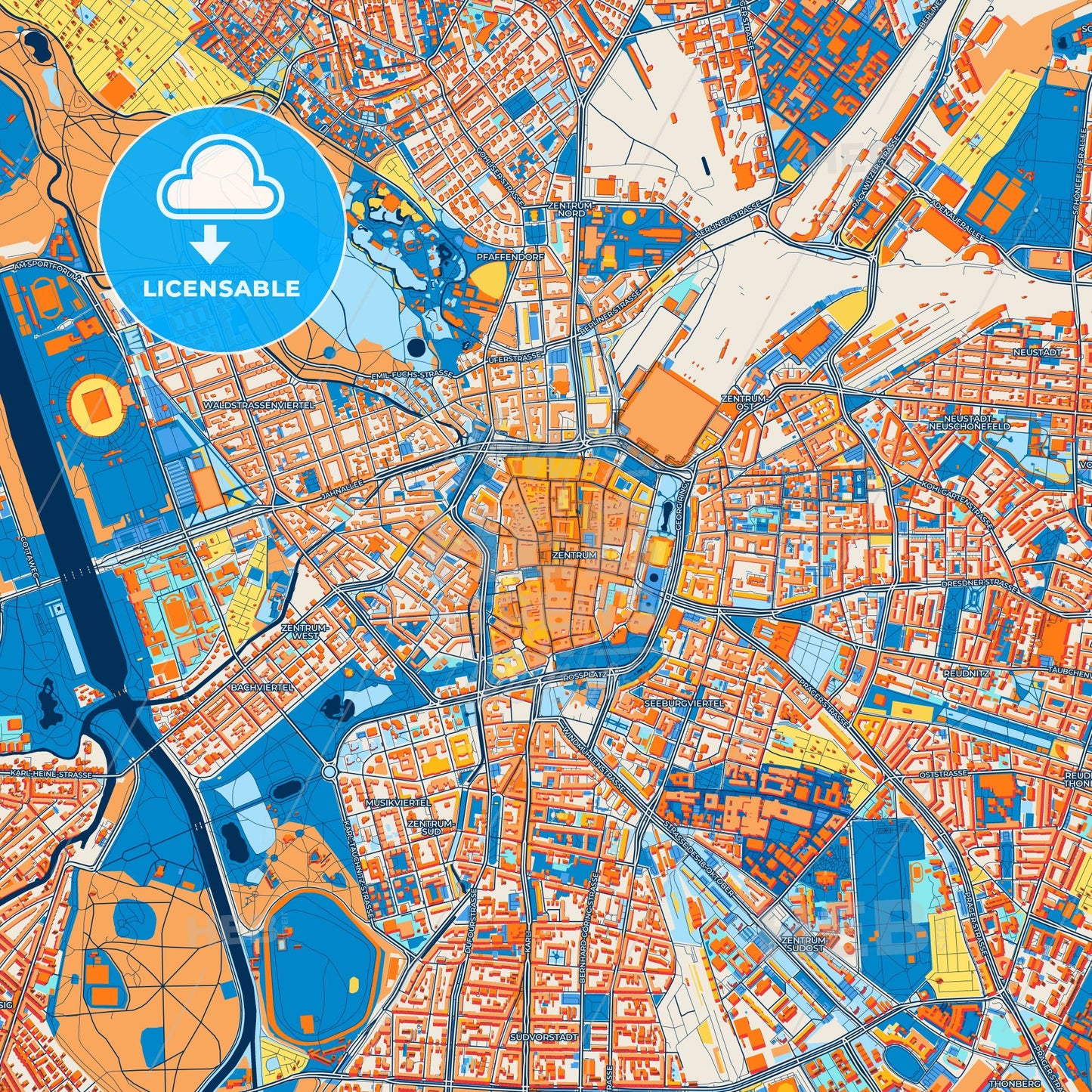 Colorful Leipzig Street Map with Labels and Buildings
