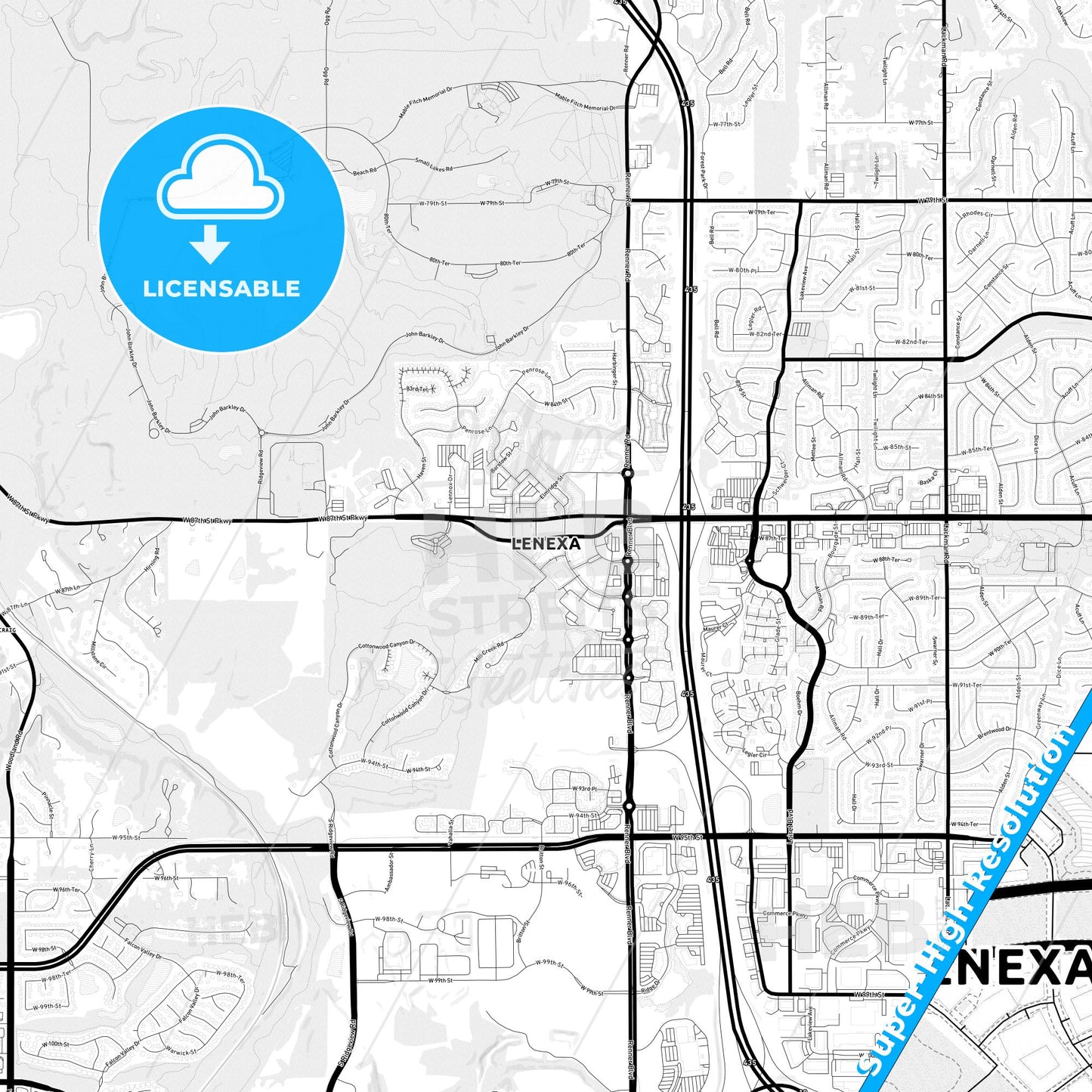 Lenexa, Kansas Light Map with Street Names, City Names, and Districts