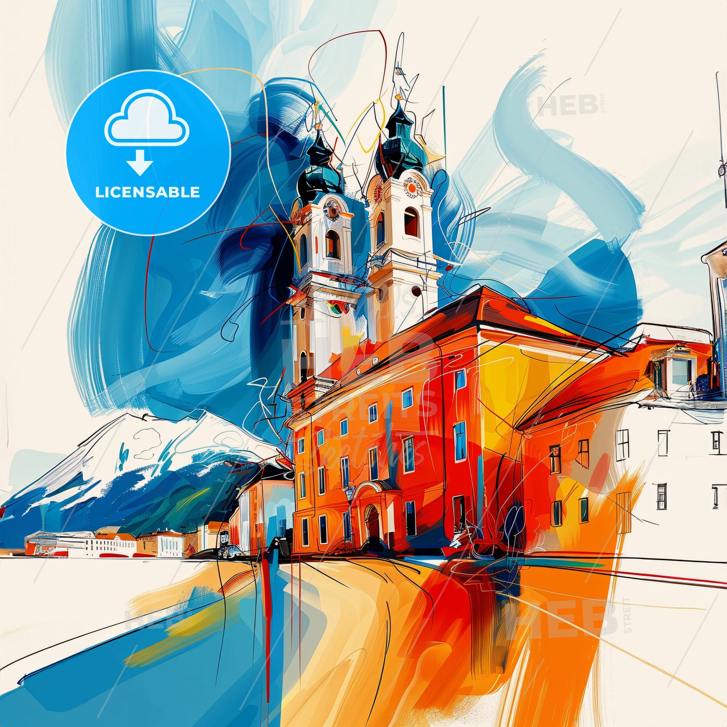 Vibrant Leoben, Austria - A Painting Of A Building With A Mountain In The Background