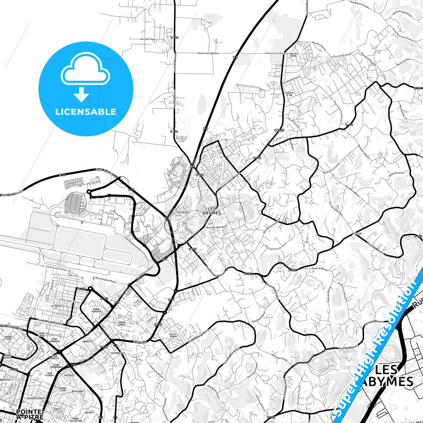 Les Abymes, France Light Map with Street Names, City Names, and Districts