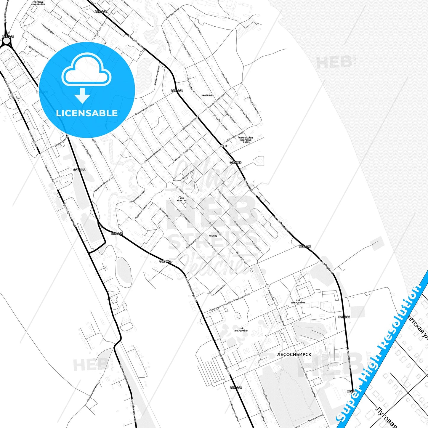 Lesosibirsk, Russia Light Map with Street Names, City Names, and Districts