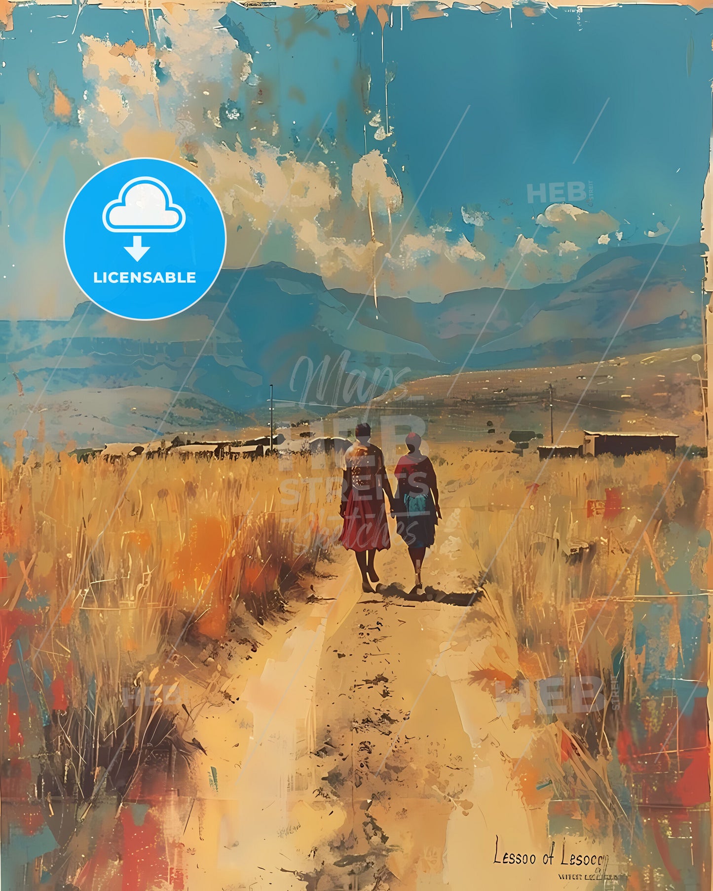 Lesotho Africa Vibrant Painting Walking Path Tall Grass Mountains