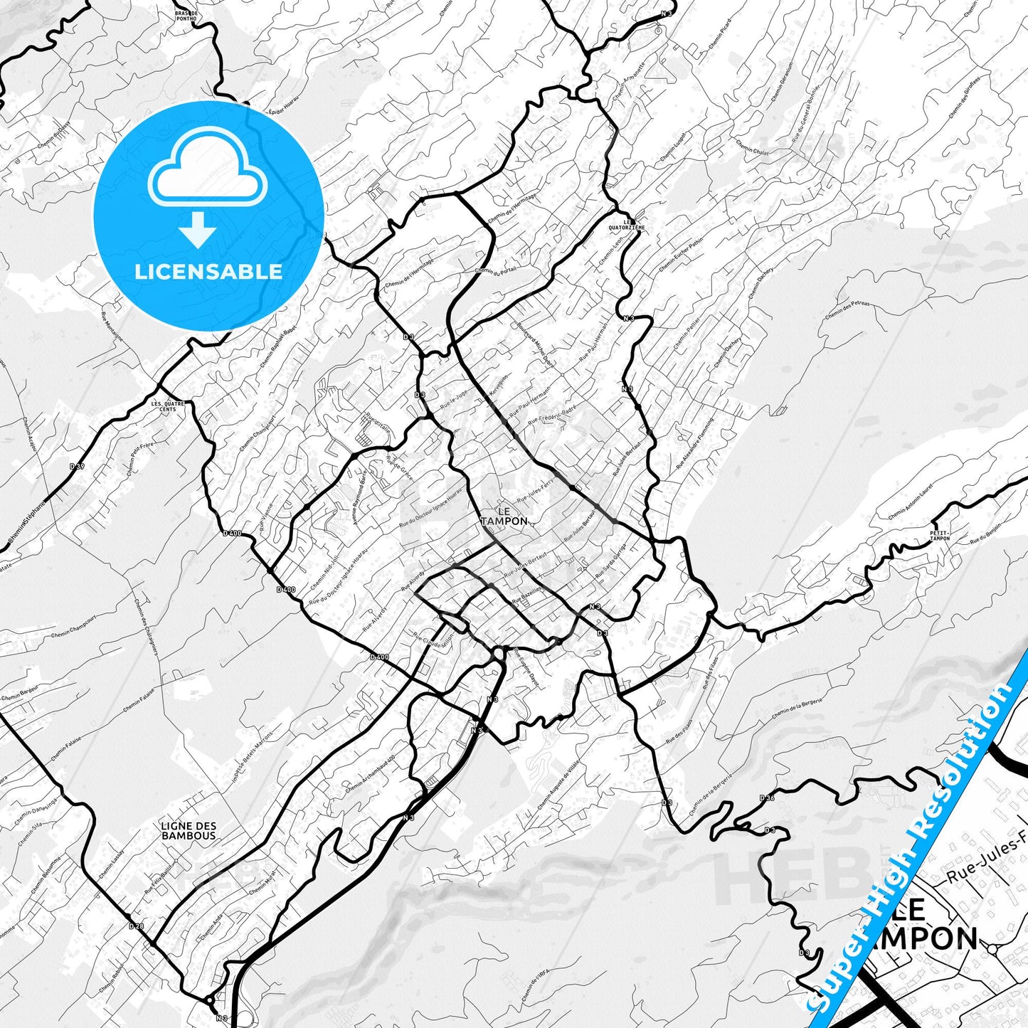 Le Tampon, France Light Map with Street Names, City Names, and Districts