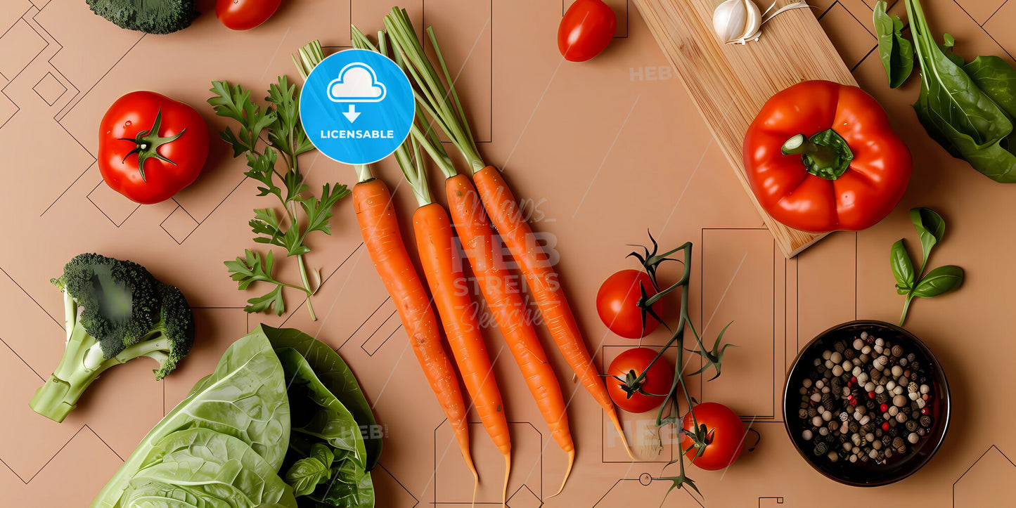 Kitchen Still Life Painting: Vibrant Lettuce, Broccoli, Carrots, and Tomatoes on a Table