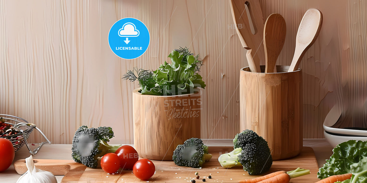 Vibrant Painting of Vegetables on Kitchen Table, Lettuce, Broccoli, Carrots, Tomatoes, Header, Copy Space