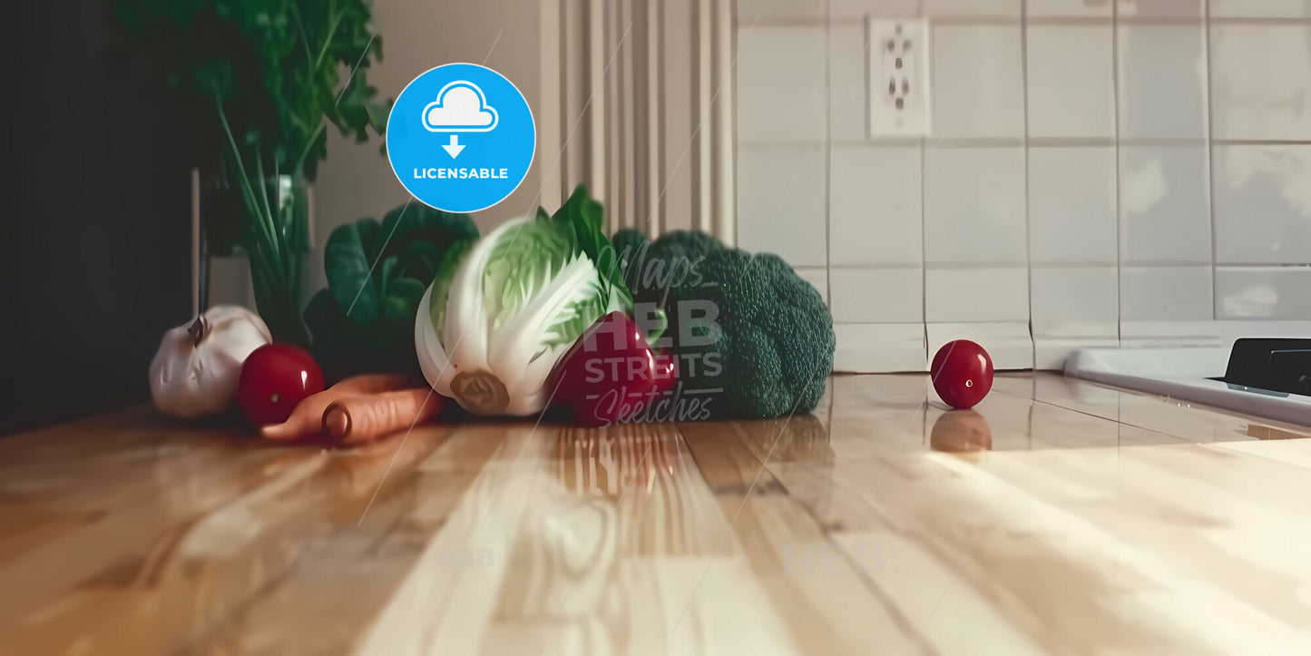 Vibrant Painting of Lettuce, Broccoli, Carrots, Tomatoes on Wooden Floor with Artistic Focus and Copy Space