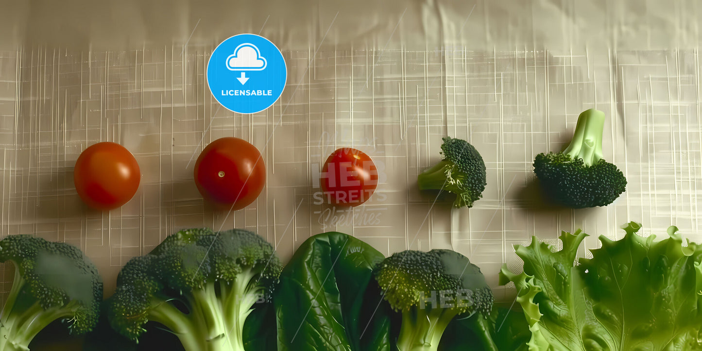 Vibrant Painting of Vegetables on Table: Lettuce, Broccoli, Carrots, Tomatoes, Kitchen Background, Header, Copy Space