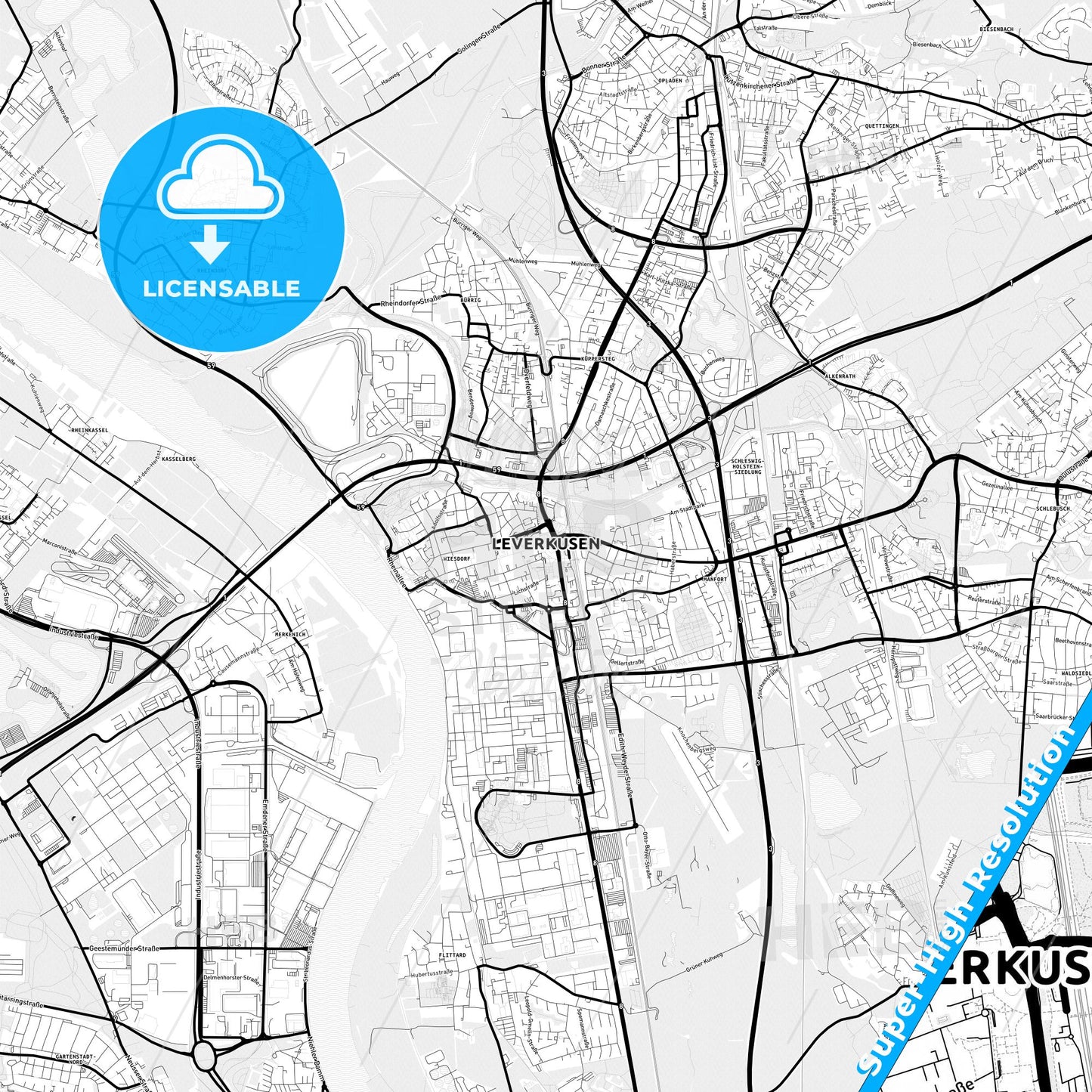 Leverkusen, Germany Light Map with Street Names, City Names, and Districts
