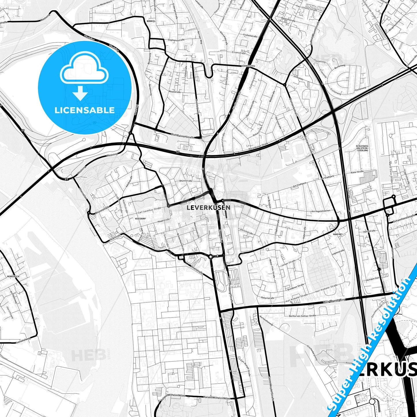 Leverkusen, Germany Light Map with Street Names, City Names, and Districts