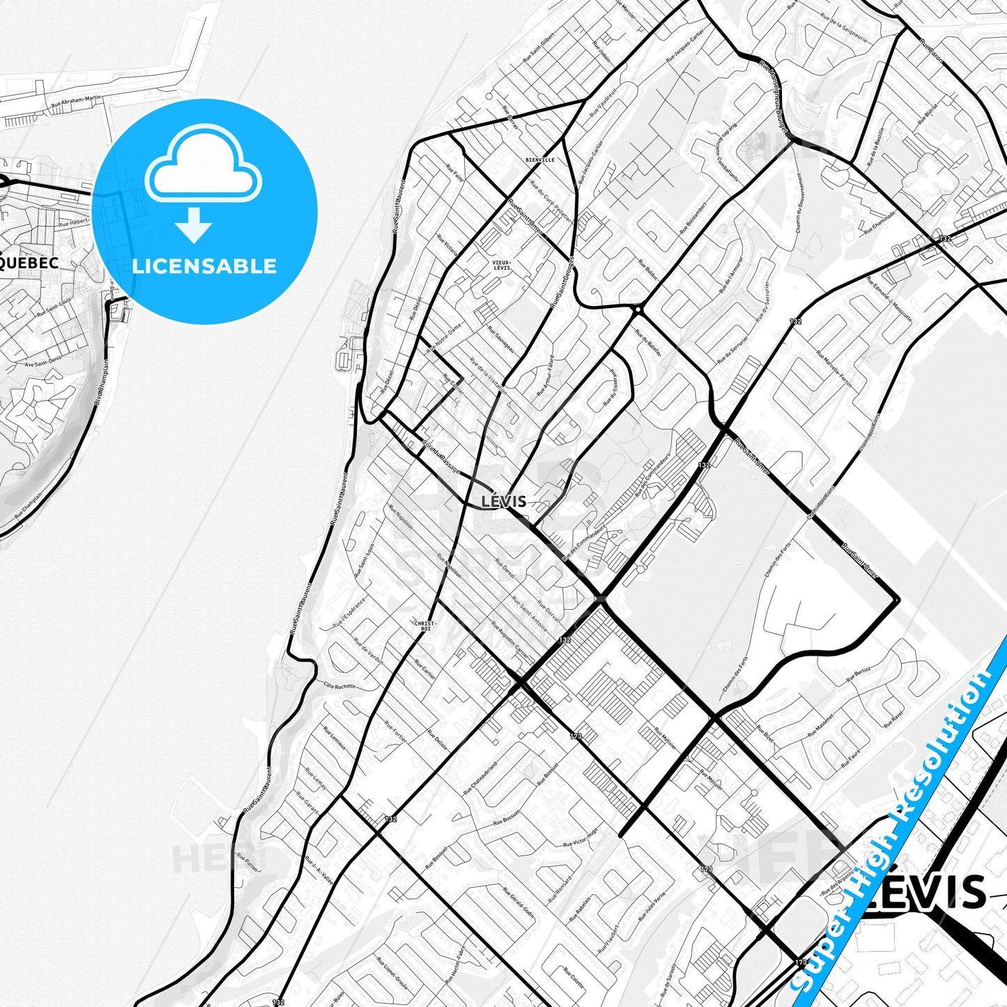 Lévis, Canada Light Map with Street Names, City Names, and Districts