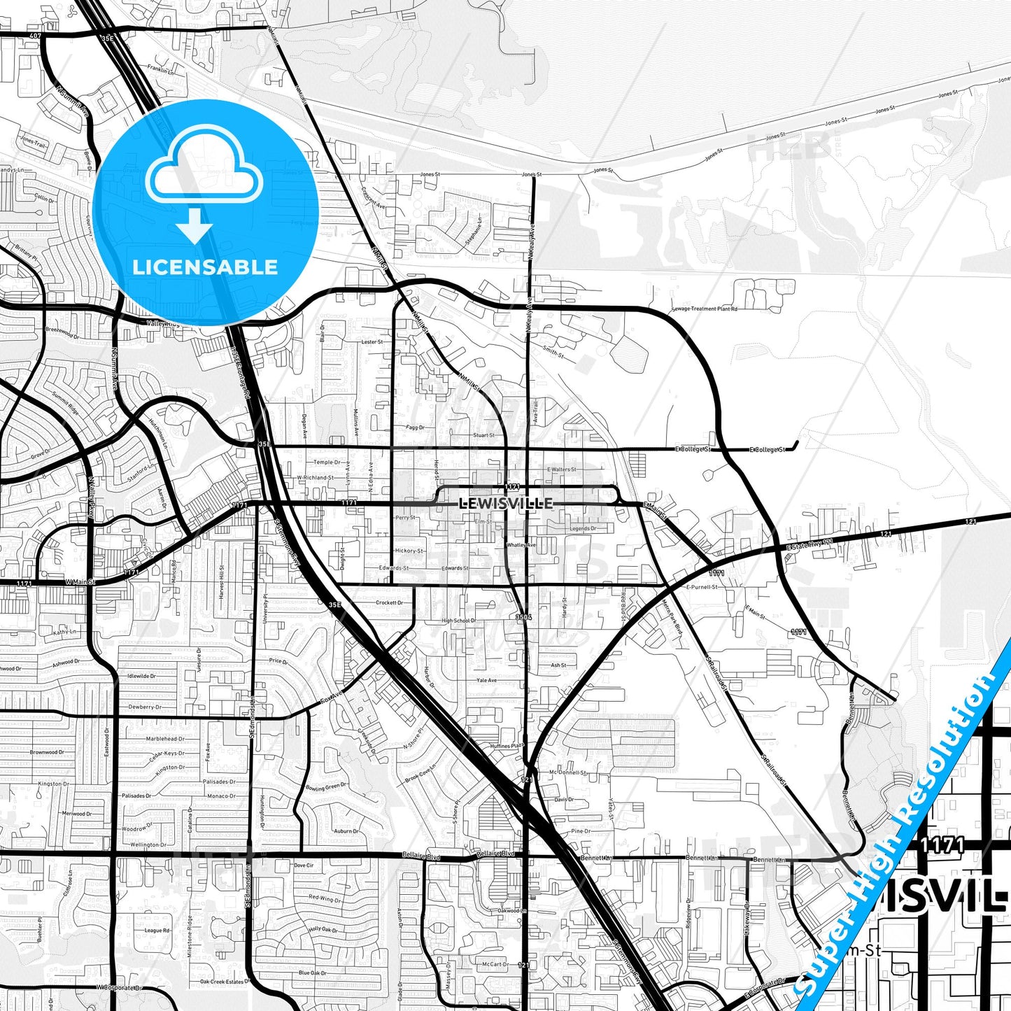 Lewisville, Texas Light Map with Street Names, City Names, and Districts