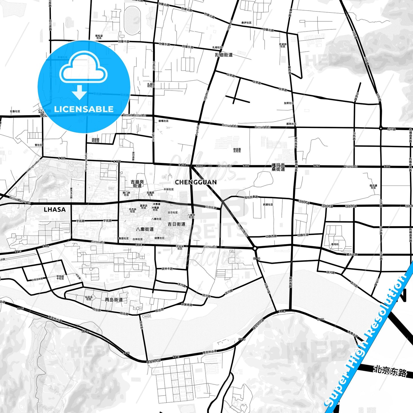 Lhasa, China Light Map with Street Names, City Names, and Districts
