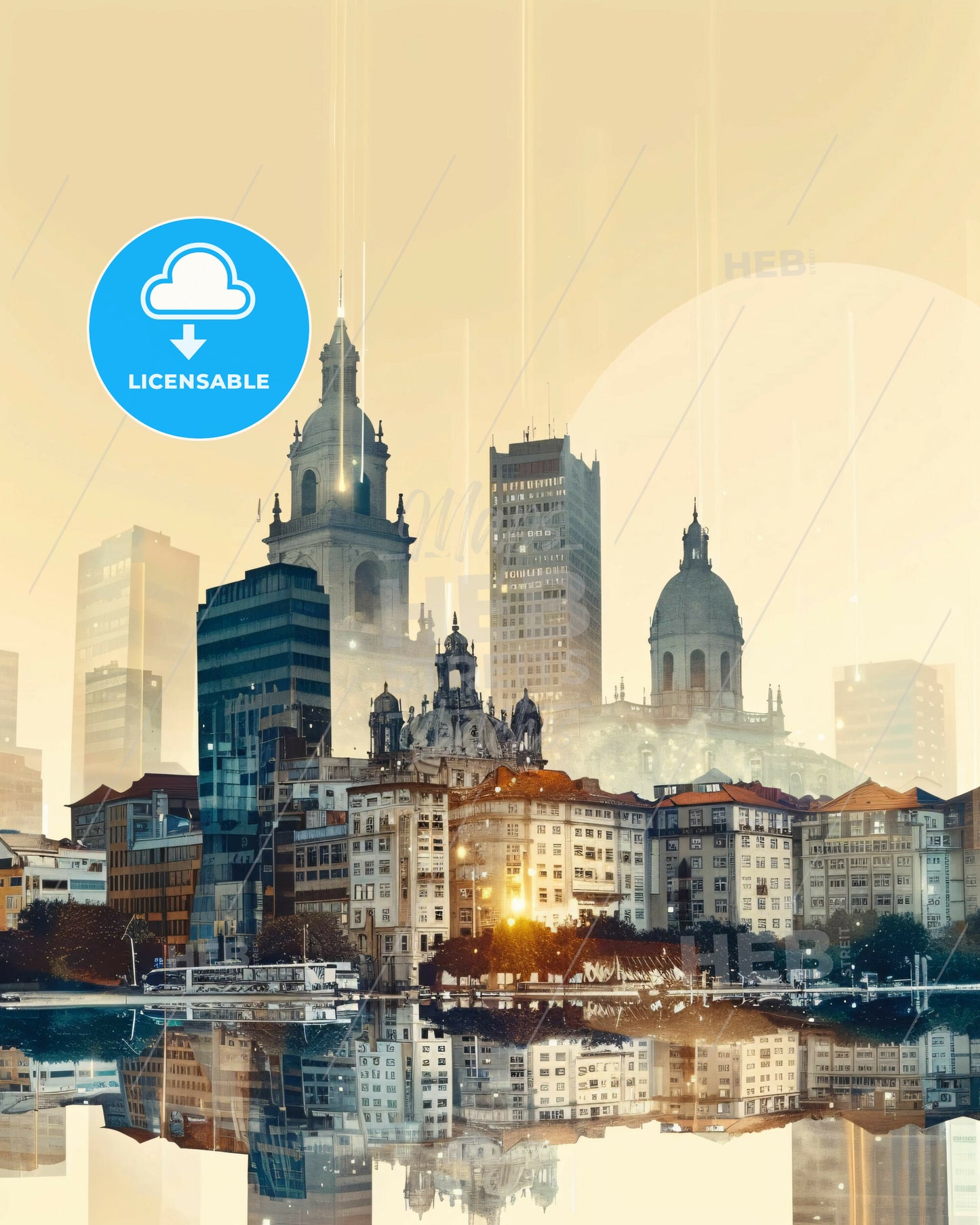 Alcavo City Lights: Double Exposure Skyline Art - A city with many tall buildings and a body of water