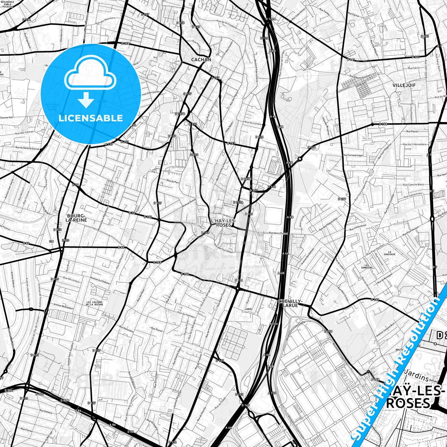 L Haÿ-les-Roses, France Light Map with Street Names, City Names, and Districts