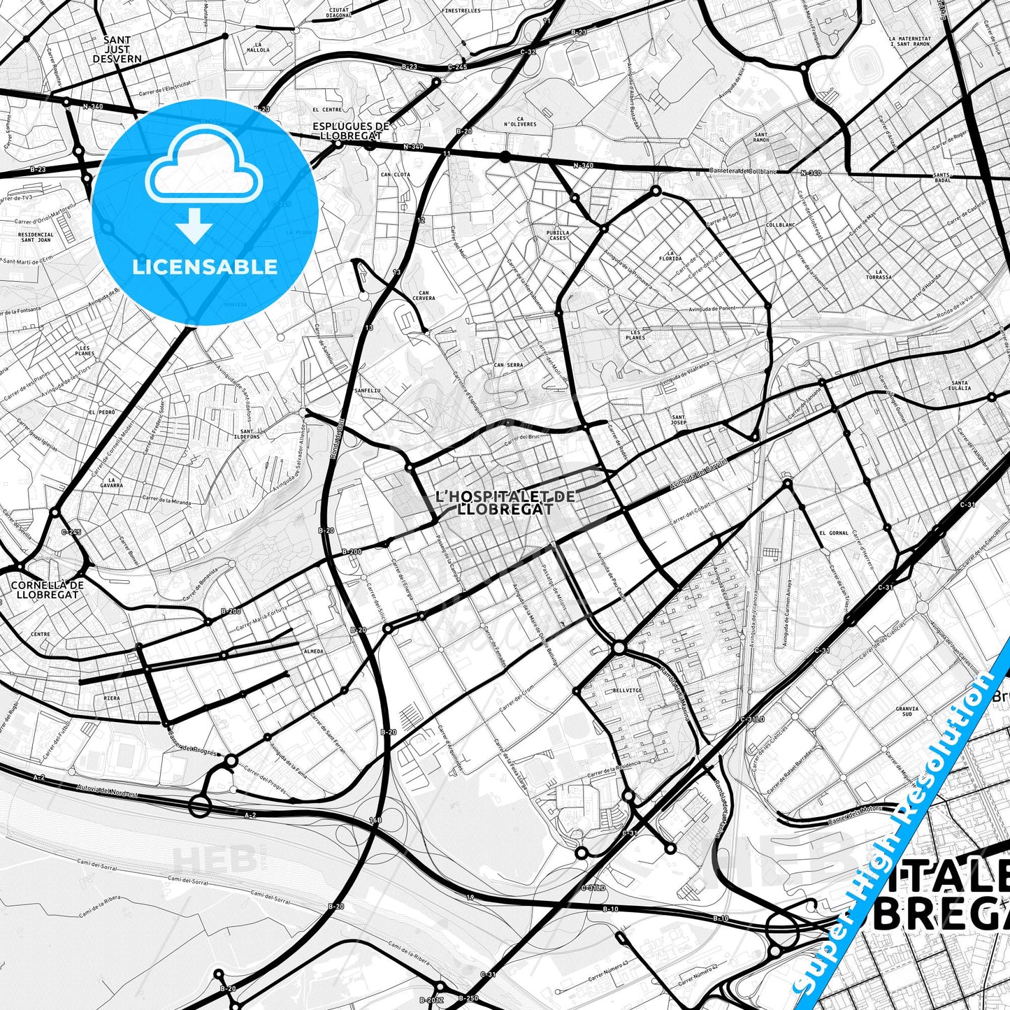 L Hospitalet de Llobregat, Spain Light Map with Street Names, City Names, and Districts