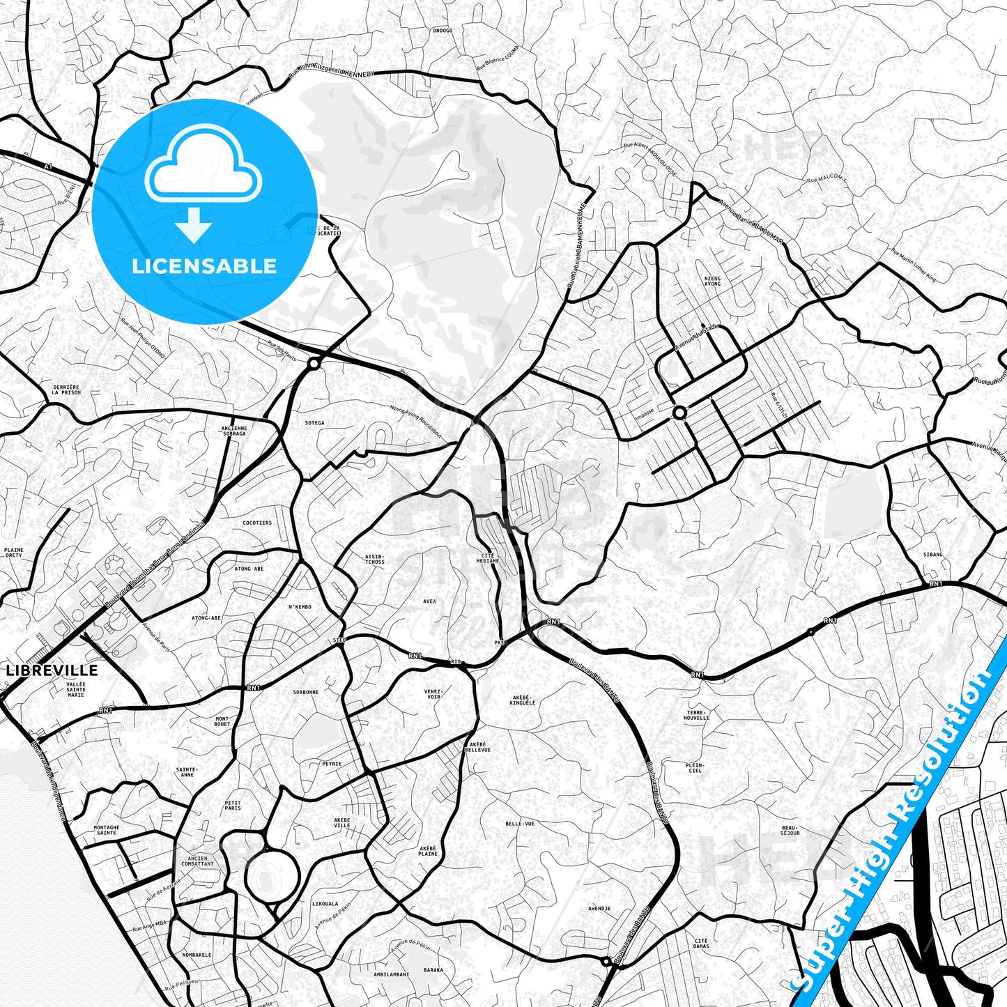 Libreville, Gabon Light Map with Street Names, City Names, and Districts