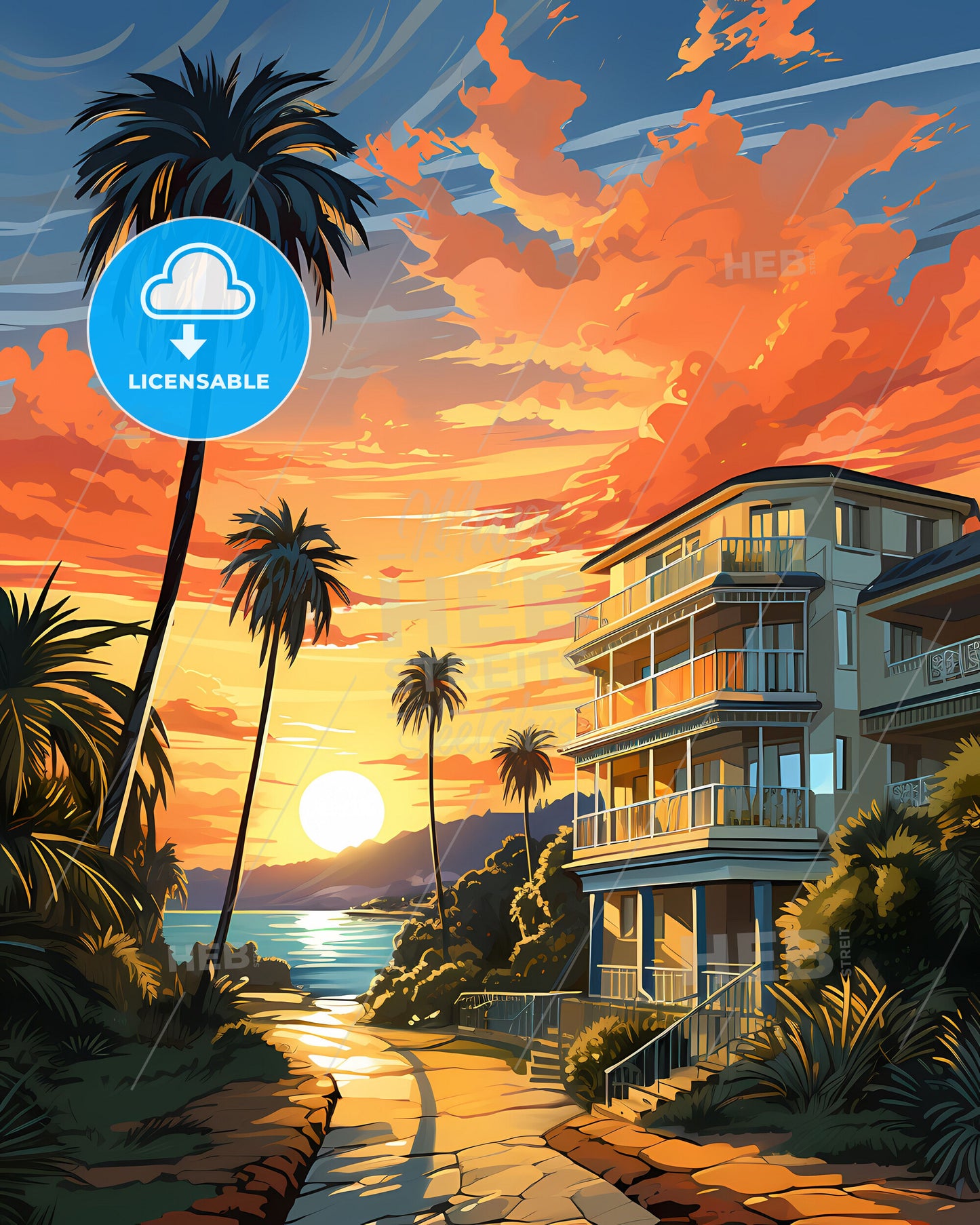 Vibrant Painting of Libreville, Gabon Skyline with Beachfront Building, Palm Trees, and Sunset