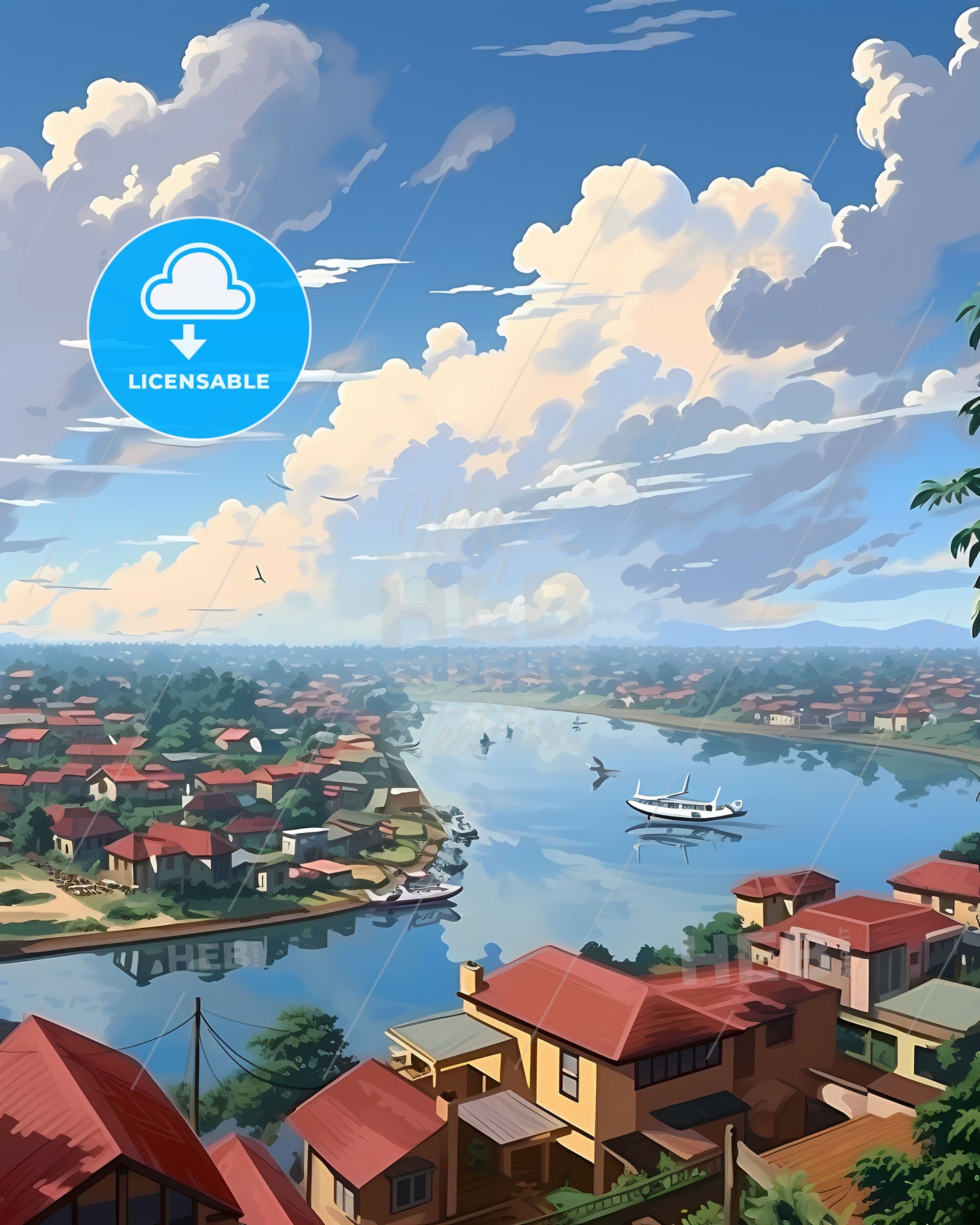 Vibrant Painting of Riverfront Homes and Boat in Libreville Gabon Skyline