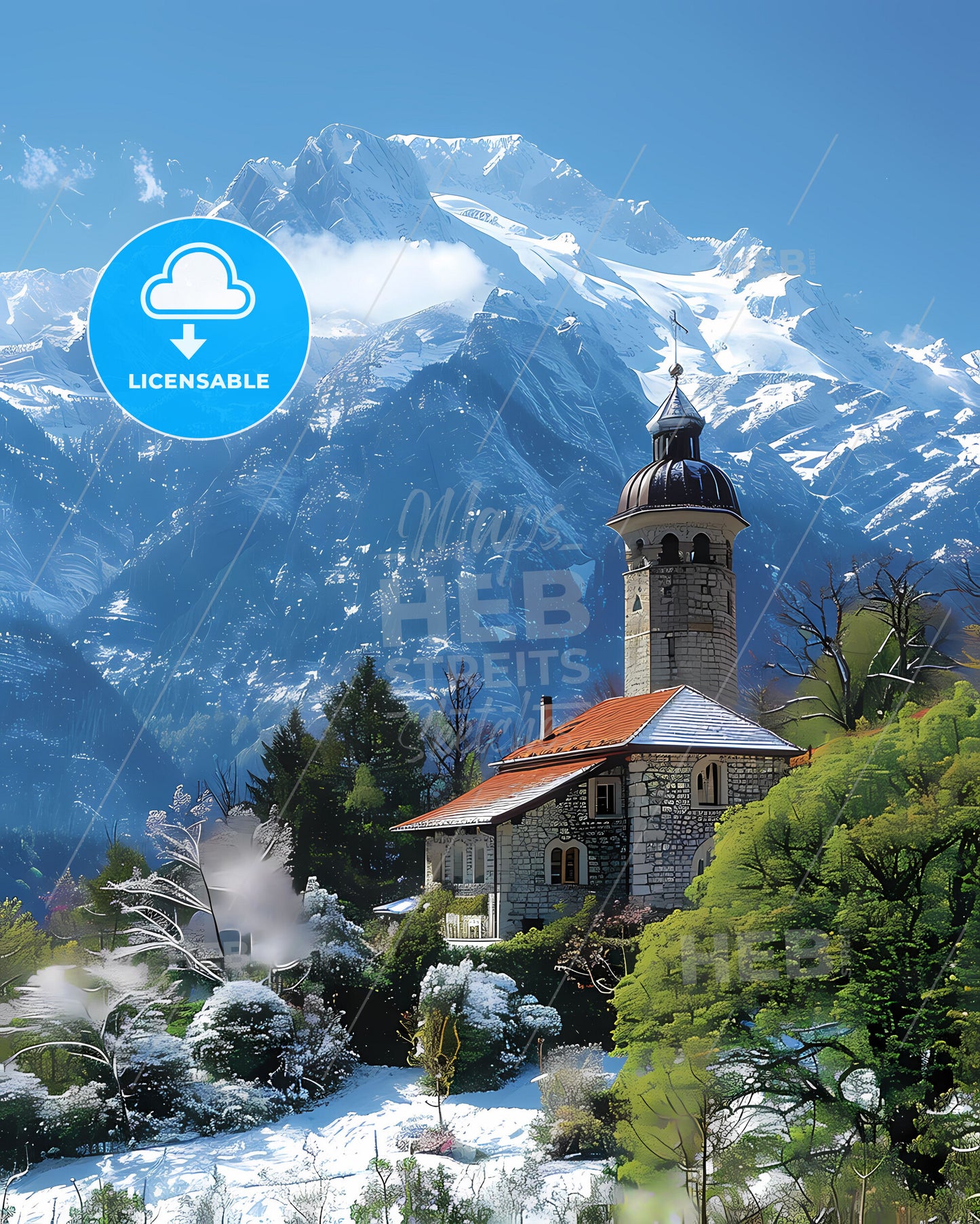 Vibrant Art Painting of a Towered Building amidst Snowy Mountains in Liechtenstein, Europe