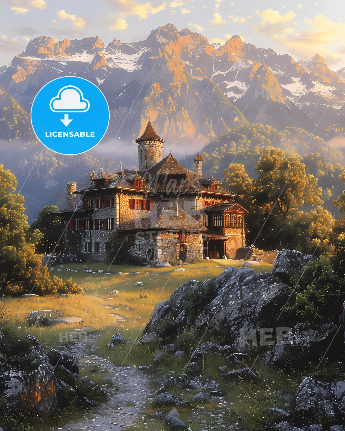 Abstract Artwork: House in the Liechtenstein Mountains, Vibrant Painting, Modern Art