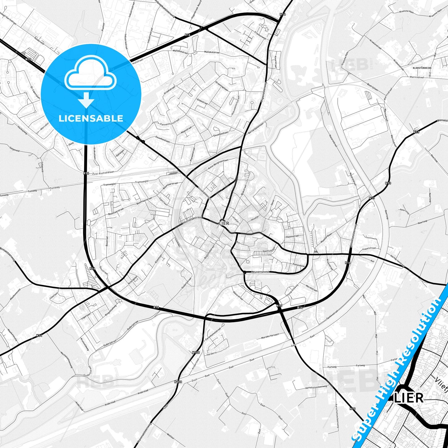 Lier, Belgium Light Map with Street Names, City Names, and Districts