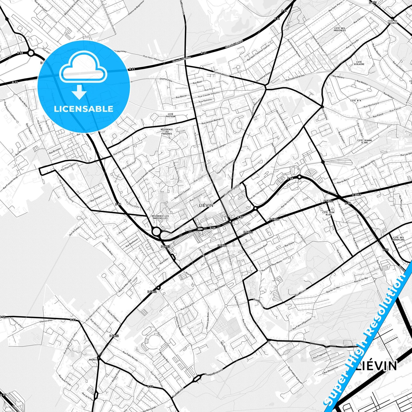 Liévin, France Light Map with Street Names, City Names, and Districts