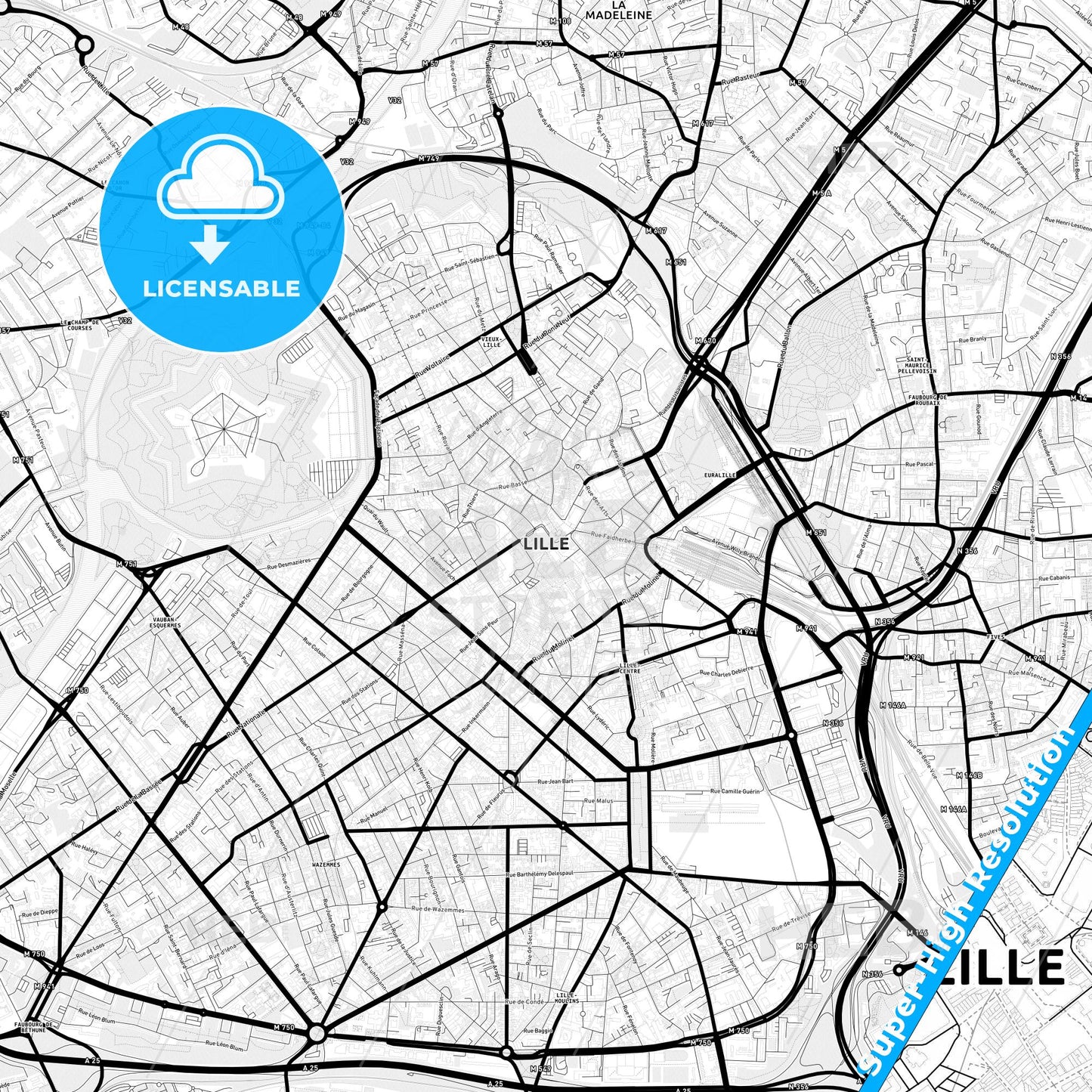 Lille, France Light Map with Street Names, City Names, and Districts
