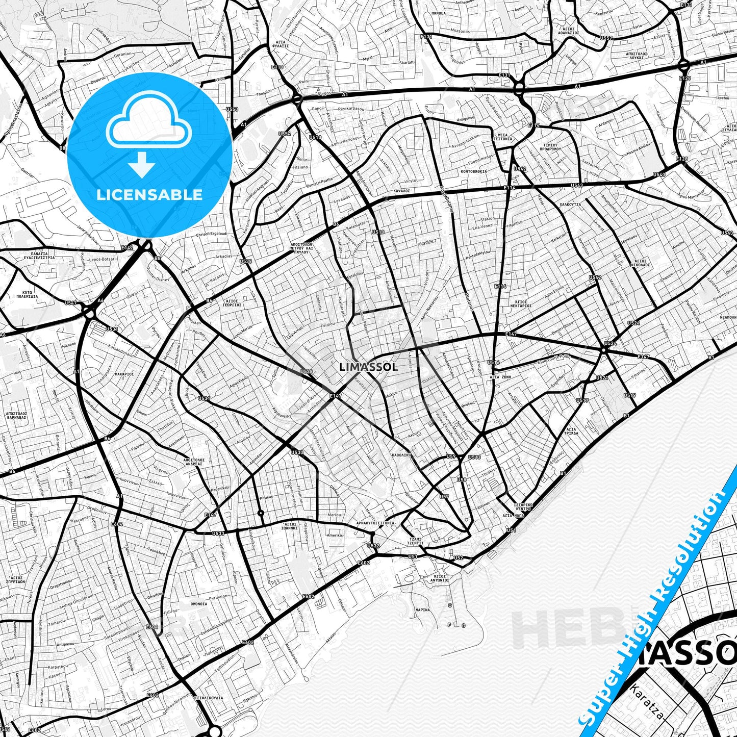 Limassol , Cyprus Light Map with Street Names, City Names, and Districts
