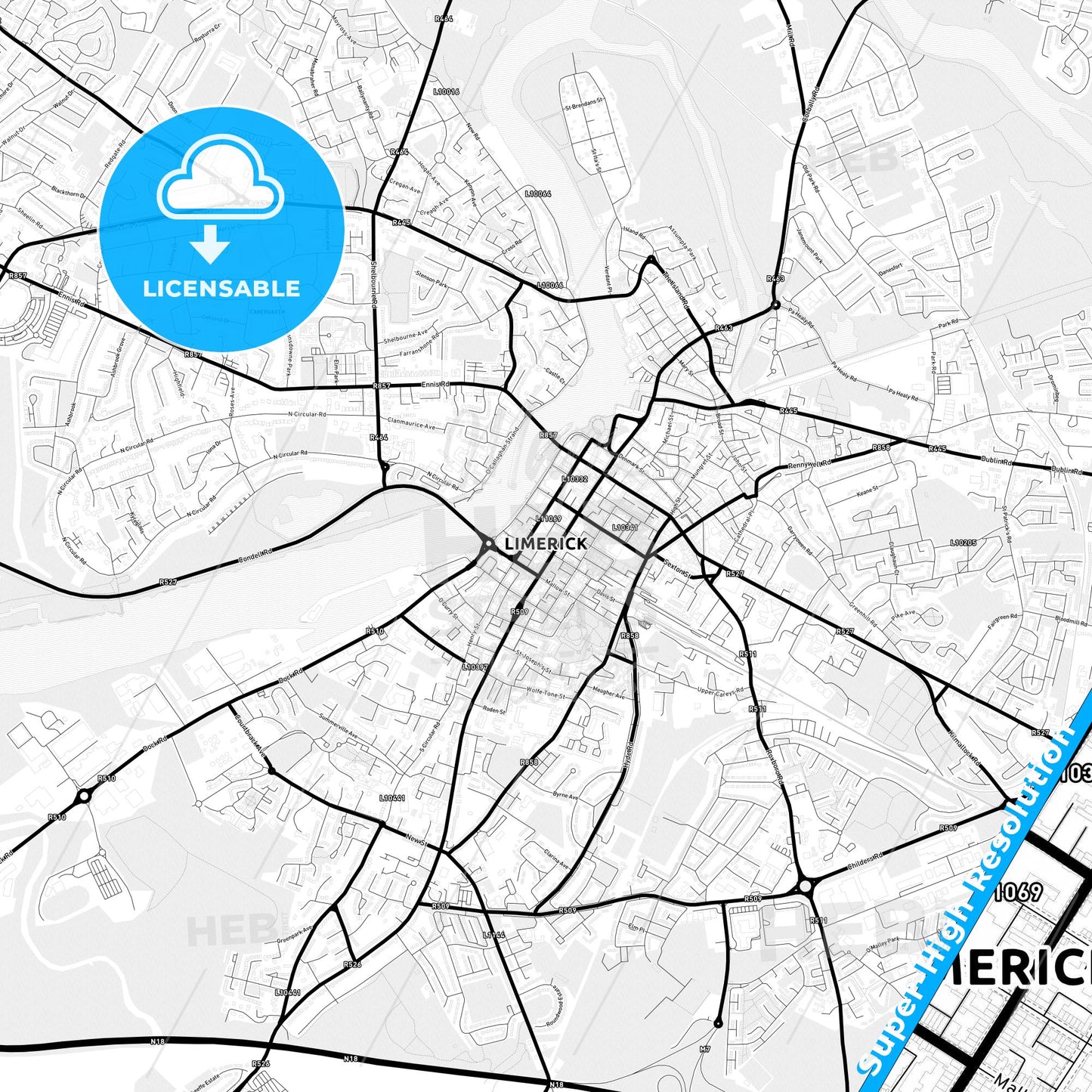 Limerick, Ireland Light Map with Street Names, City Names, and Districts