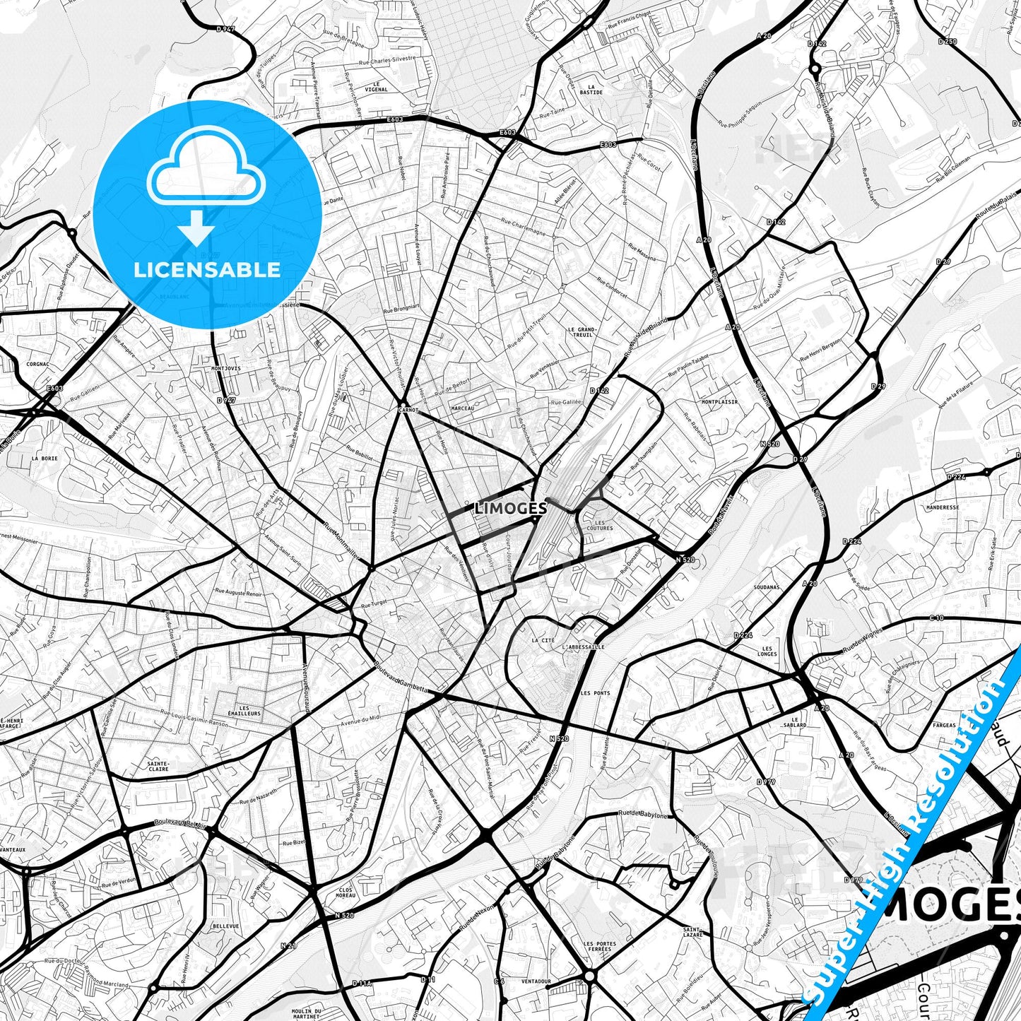 Limoges, France Light Map with Street Names, City Names, and Districts